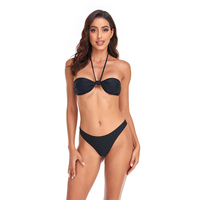 Black women's lace-up tube top bikini set with matching briefs