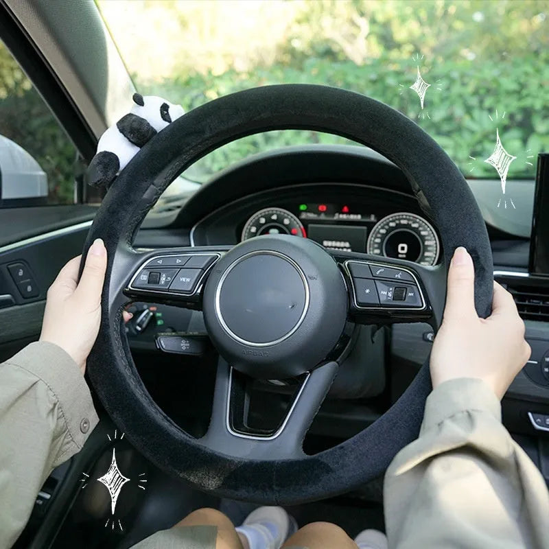 Black plush panda themed car steering wheel cover and matching shoulder pad set