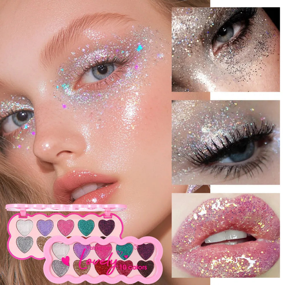 Heart-shaped compact open to show ten pans of pearlescent sequin eyeshadow in various colours.