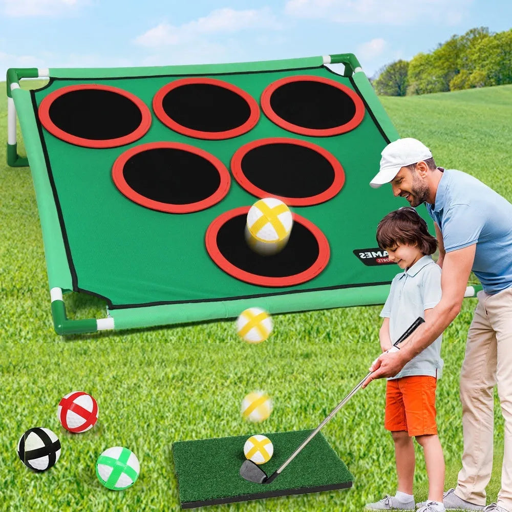 Children's Velcro golf suit toy with plastic and flannel target, available in single or double frame styles, colour box packaging