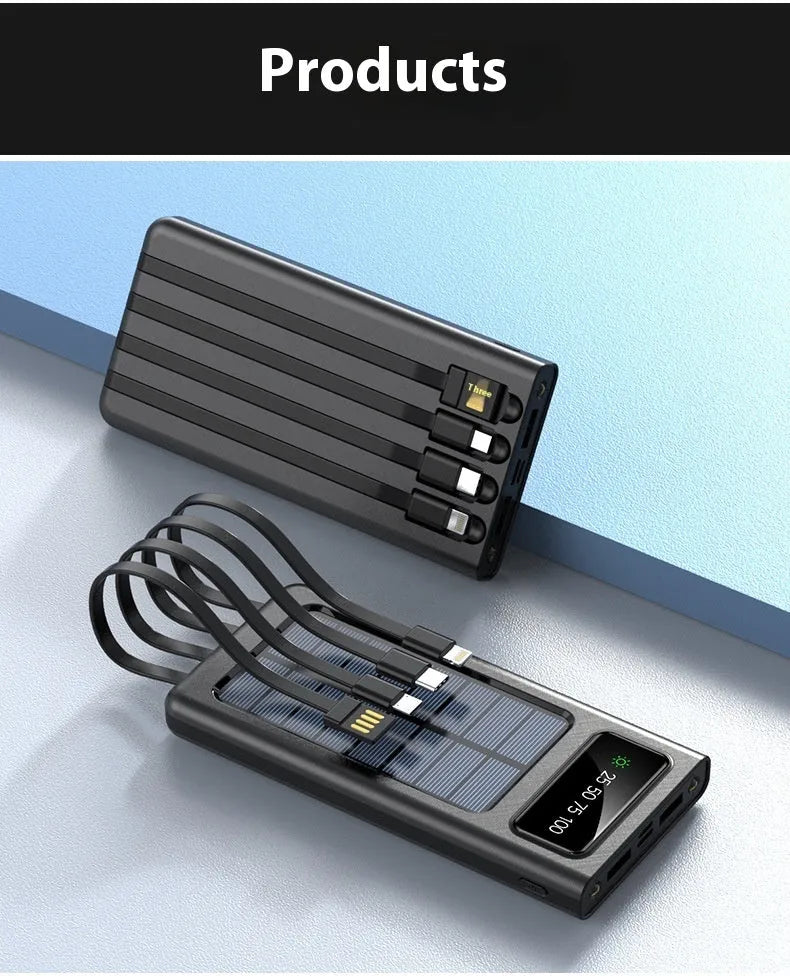 Solar power bank with four attached charging cables in black or white colour options