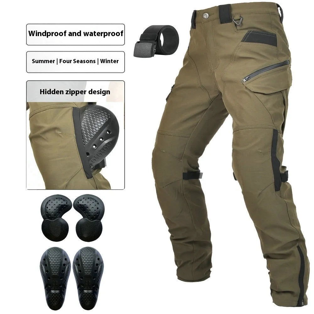 Man wearing green waterproof motorcycle trousers with belt and protective gear for cycling.