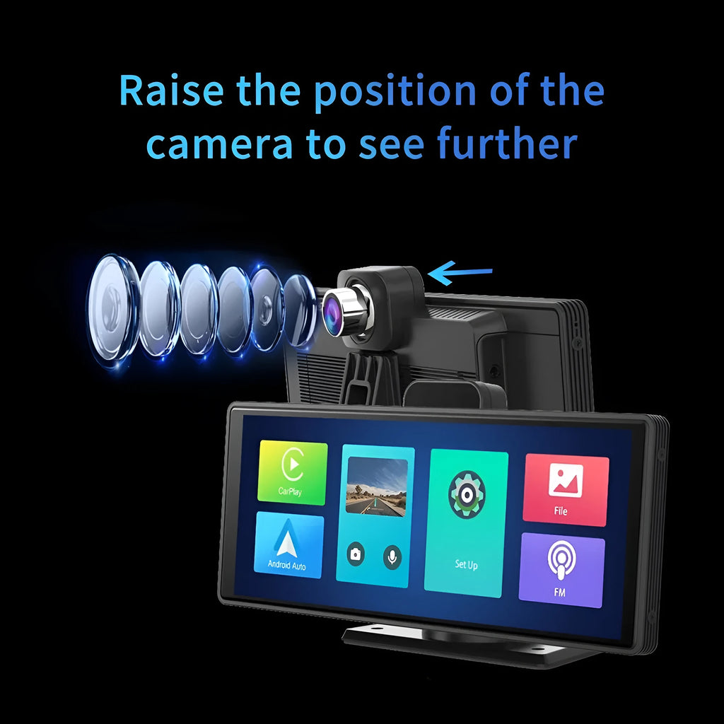 12-inch touchscreen car DVR and media display with front and rear recording cameras on dashboard