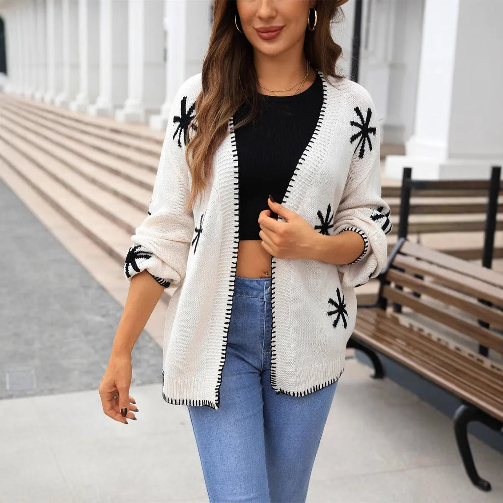 Jacquard knitted coat with flower pattern in beige and orange colours for women in plus sizes