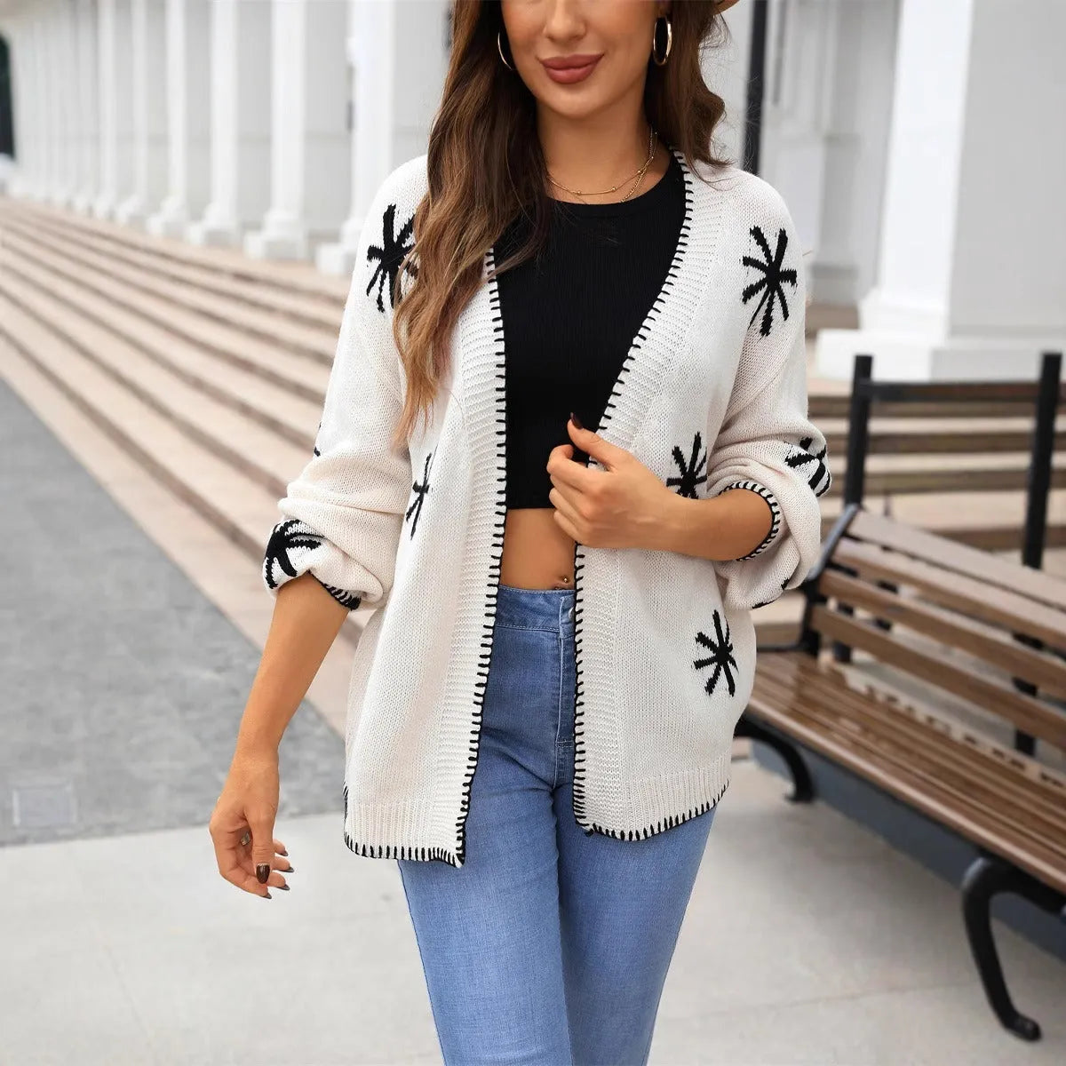 Jacquard knitted coat with flower pattern in beige and orange colours for women in plus sizes