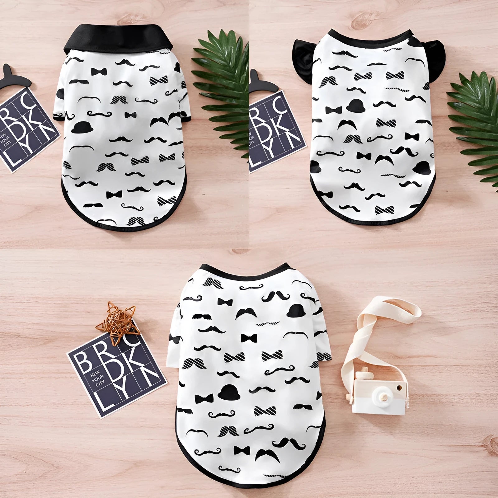 White dog costume with a faux gentleman beard design on a small dog.