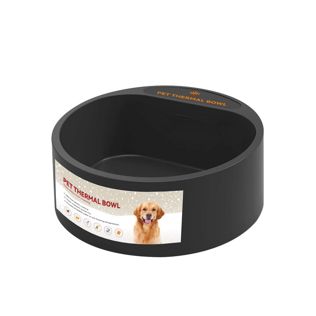 Black electric heated pet bowl for cats and dogs with constant temperature warming feature.