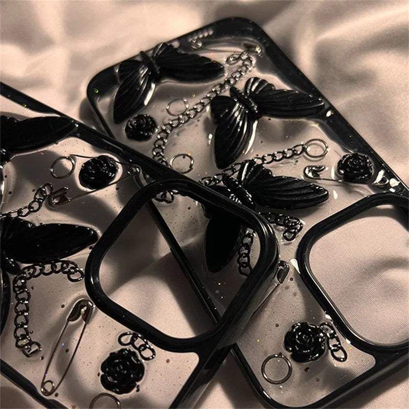 Black silicone phone case with three-dimensional butterfly design for Apple iPhone drop protection