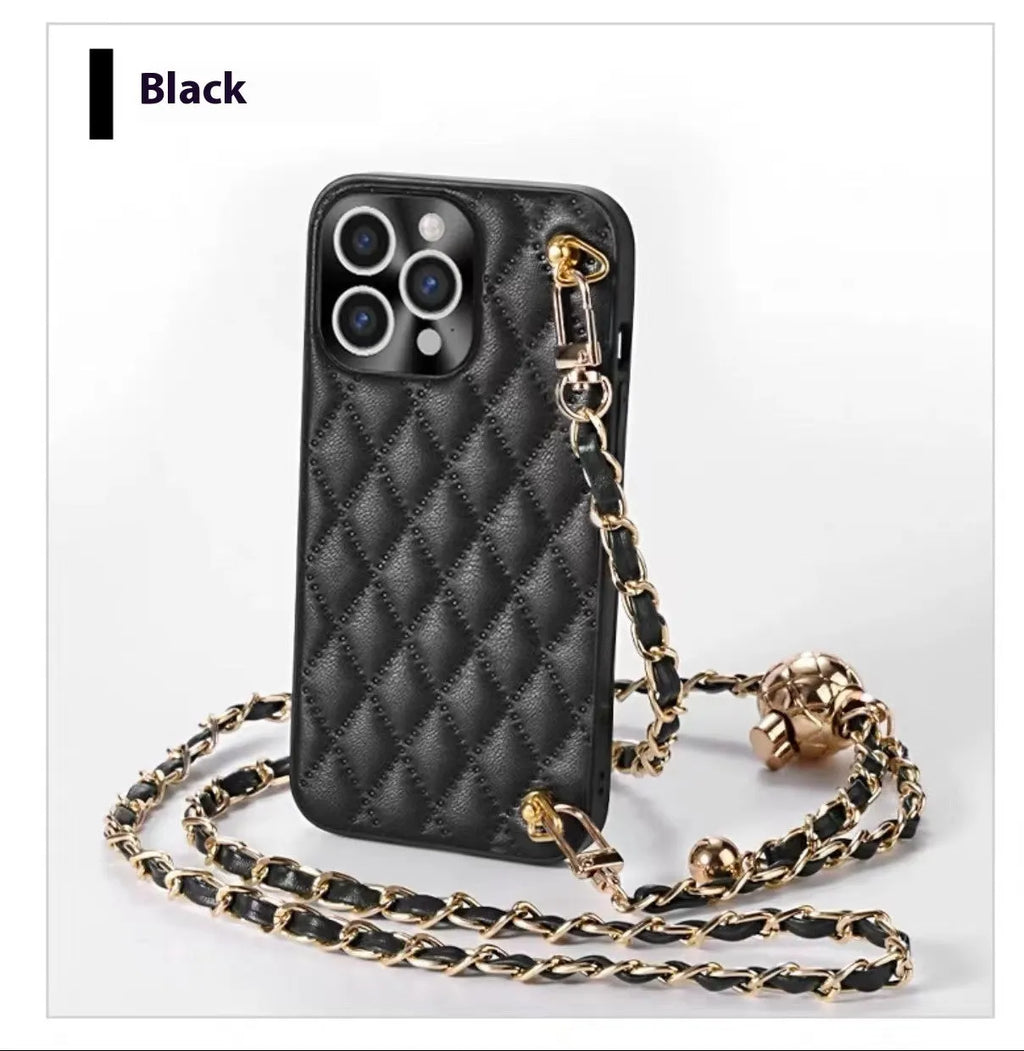 Diamond plaid crossbody phone case in imitation leather for iPhone with chain strap, cream white colour