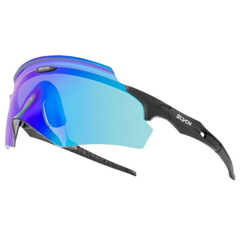 Frameless athletic glasses with a colourful one-piece lens and windproof design.