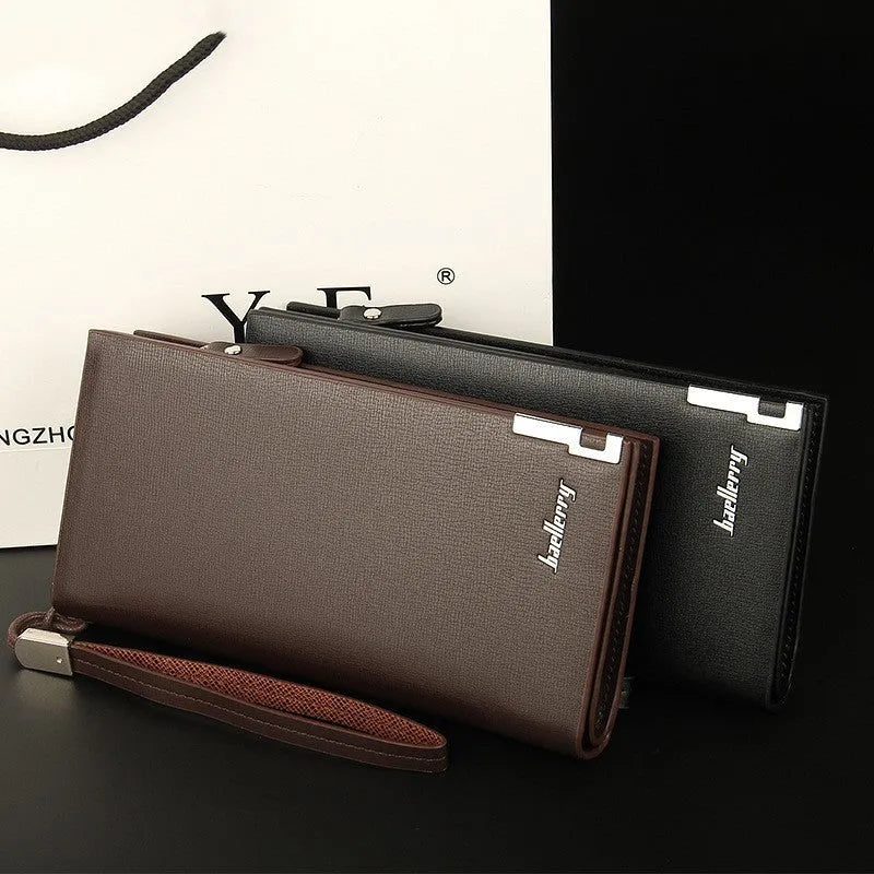 Men's long multifunctional zipper wallet in black PU leather with zipper closed.