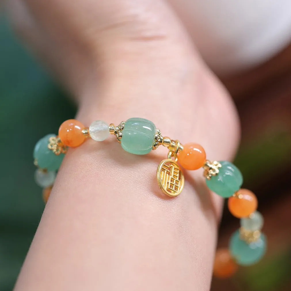 Jinsi Jade Duobao pumpkin bracelet with Prehnite spacers for women's 14-16.5cm wrists