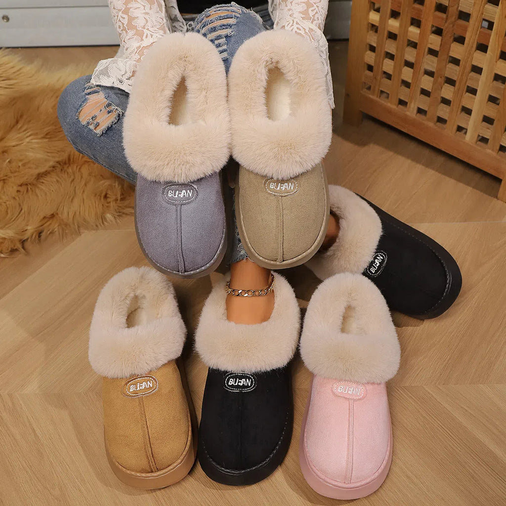 Unisex suede flat heel slippers in warm colours for indoor wear