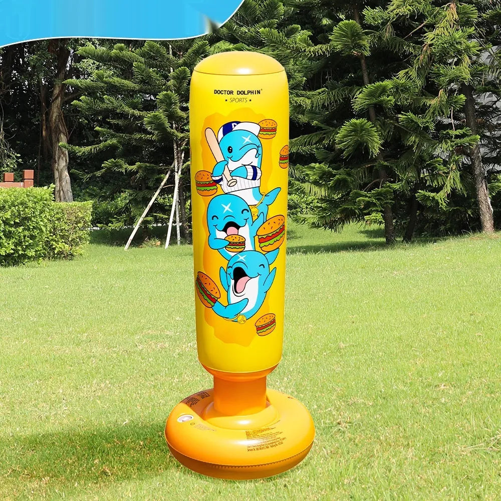 Yellow inflatable boxing column with hamburger print design standing upright.