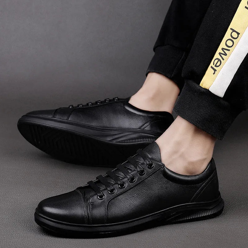 Men's cowhide board shoes in white or black, genuine leather upper, flat heel, sizes 37 to 46