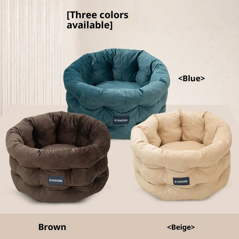 Cloth cat bed in beige on floor, medium size 48x26cm for cage or indoor use