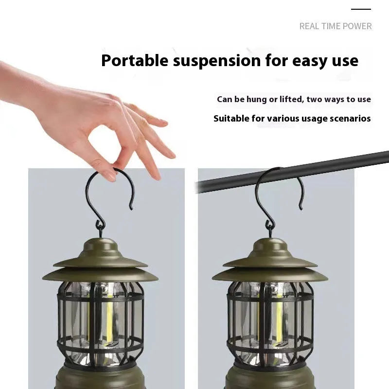 Portable camping lantern in dark green, black, or red colours, showing compact size with battery compartment.