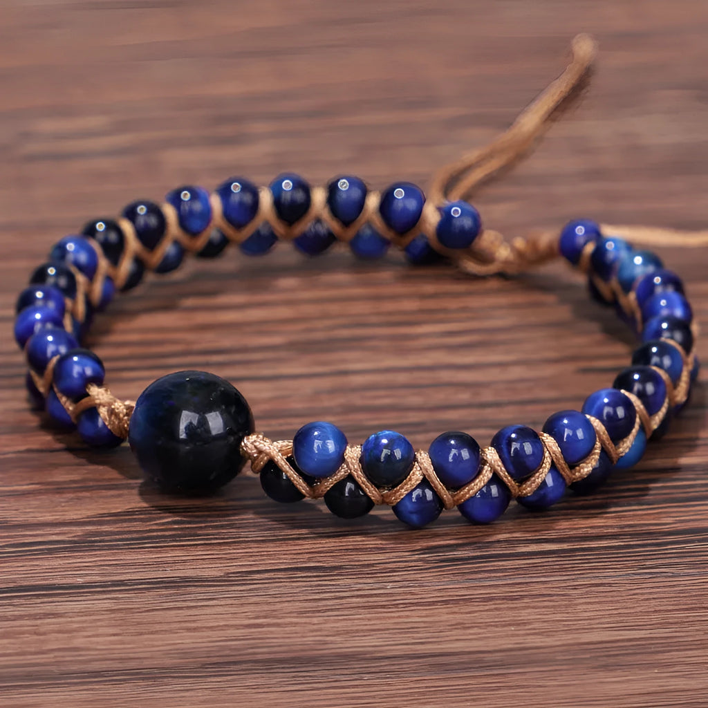 Handmade woven geometric pull bracelet in blue Tigereye or purple Amethyst beads.