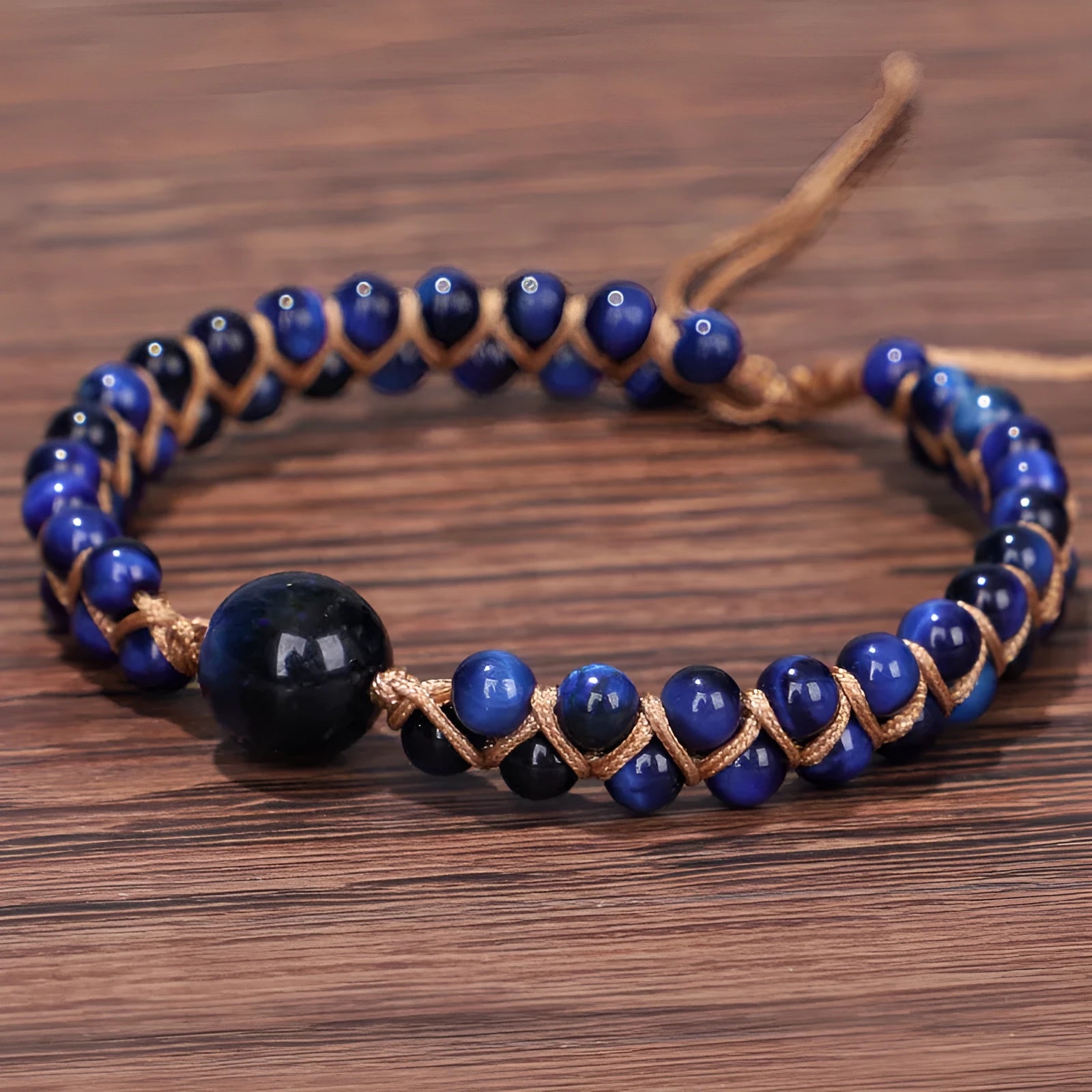 Handmade woven geometric pull bracelet in blue Tigereye or purple Amethyst beads.