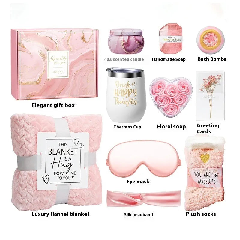 Aromatherapy gift set with candle, soap, and bath salts in modern plastic gift box