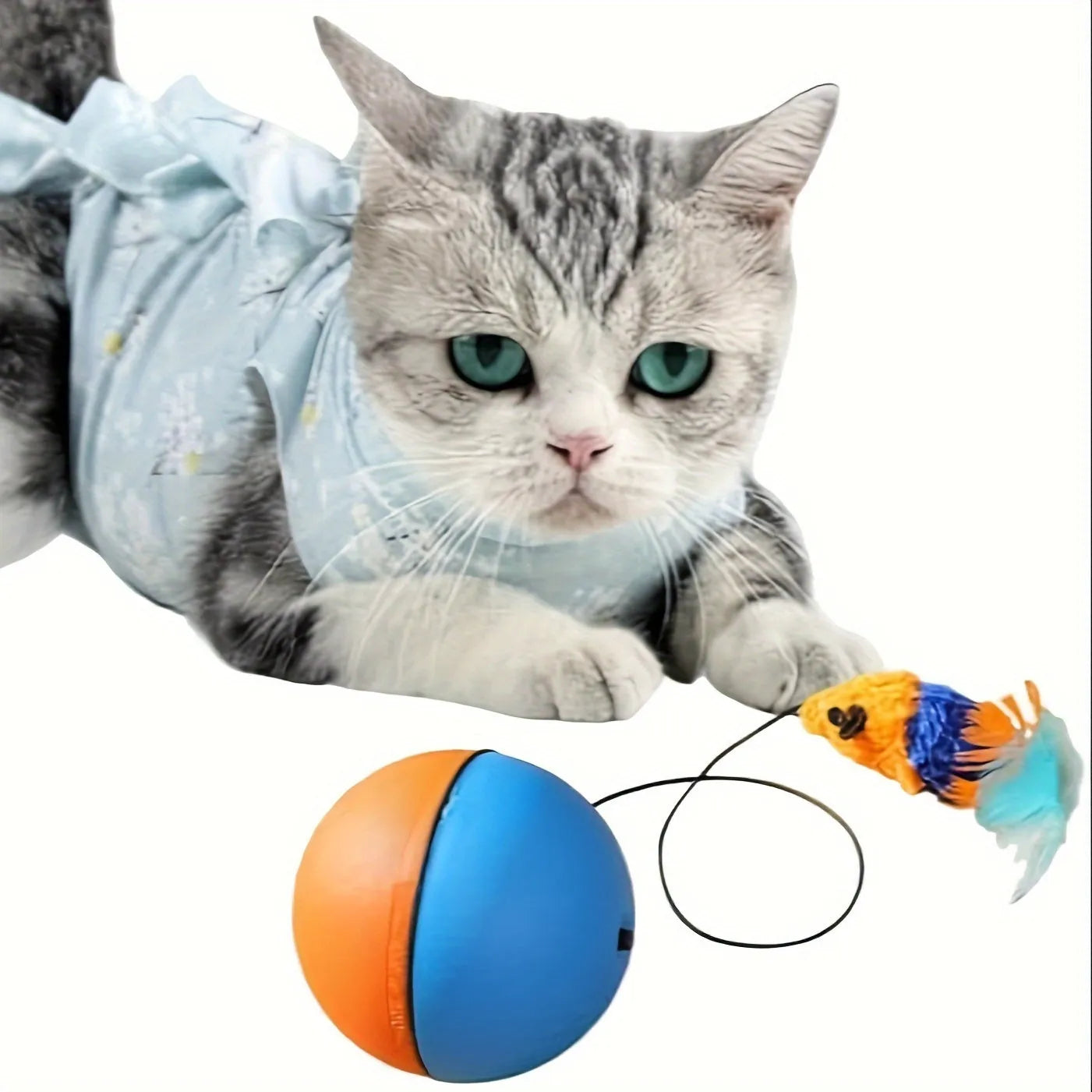 Interactive cat toy ball with plush mouse design measuring 8.5cm cube in grey and orange colour options