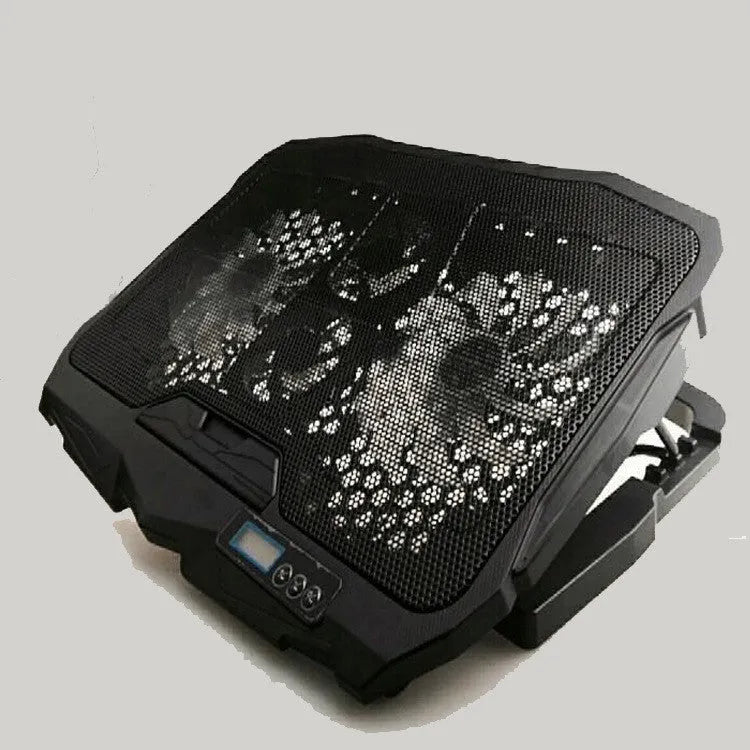 Black laptop cooling stand with copper heat sink, four heat pipes, and variable speed fan for notebook computers