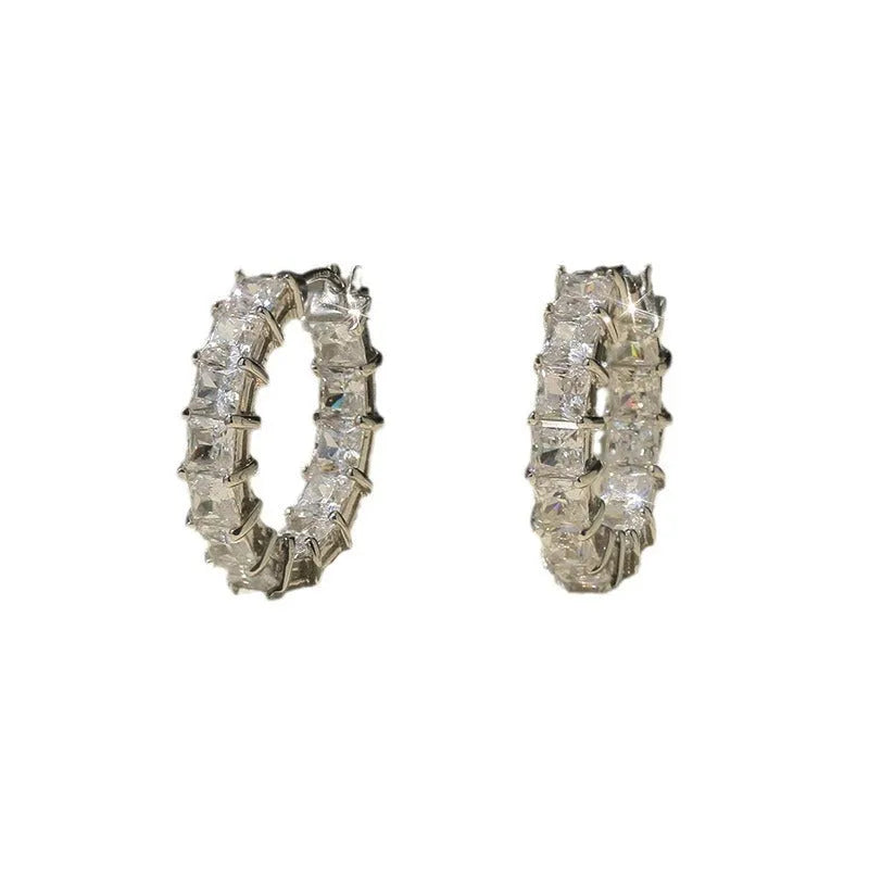 Women's micro inlaid square zircon copper earrings geometric circle design white gold colour finish