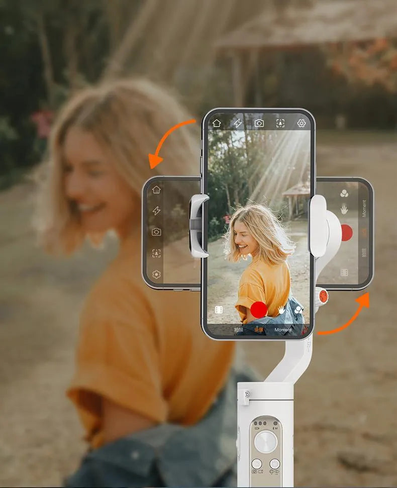 Black and white 3-axis mobile phone stabiliser with foldable design showing compact size