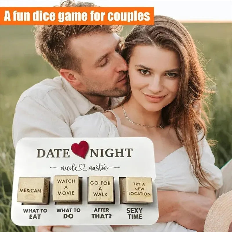 Wooden date night dice set for couples showing five dice, a rectangular planner board, and a black storage bag.