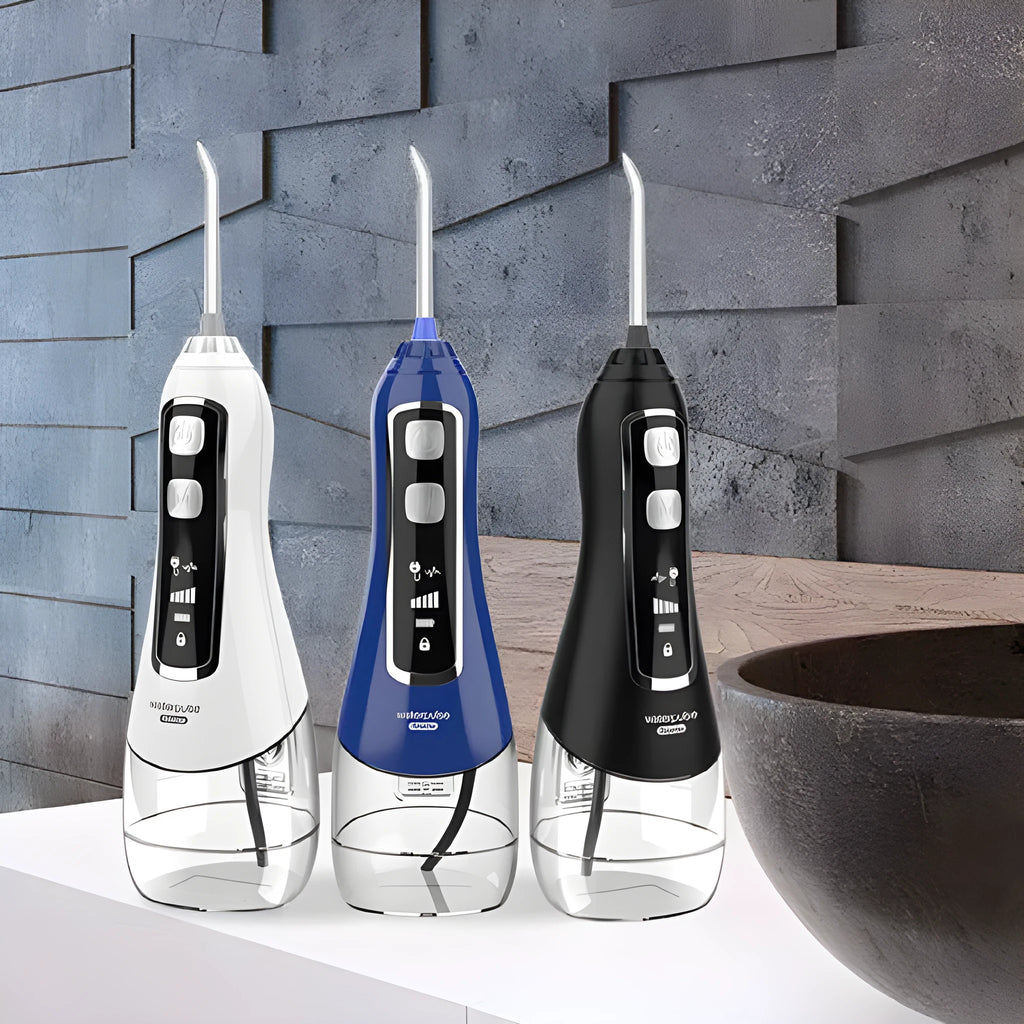 V580 portable electric dental irrigator with 320ml water tank in white, black, blue, and purple options