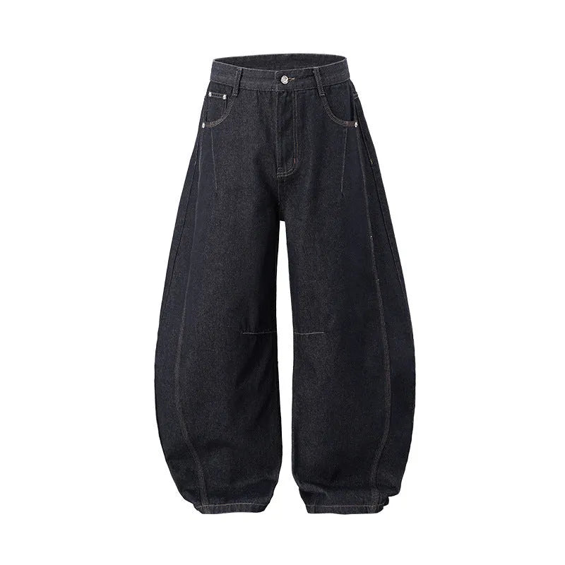 Men's wide-leg denim trousers in original cow colour cotton fabric showing American casual styling