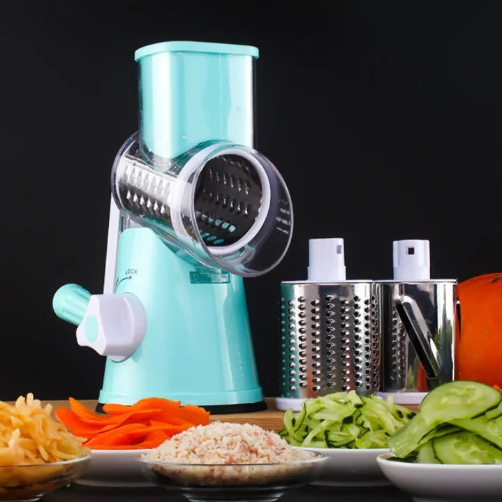 Blue manual round mandoline vegetable and cheese slicer with stainless steel blades.