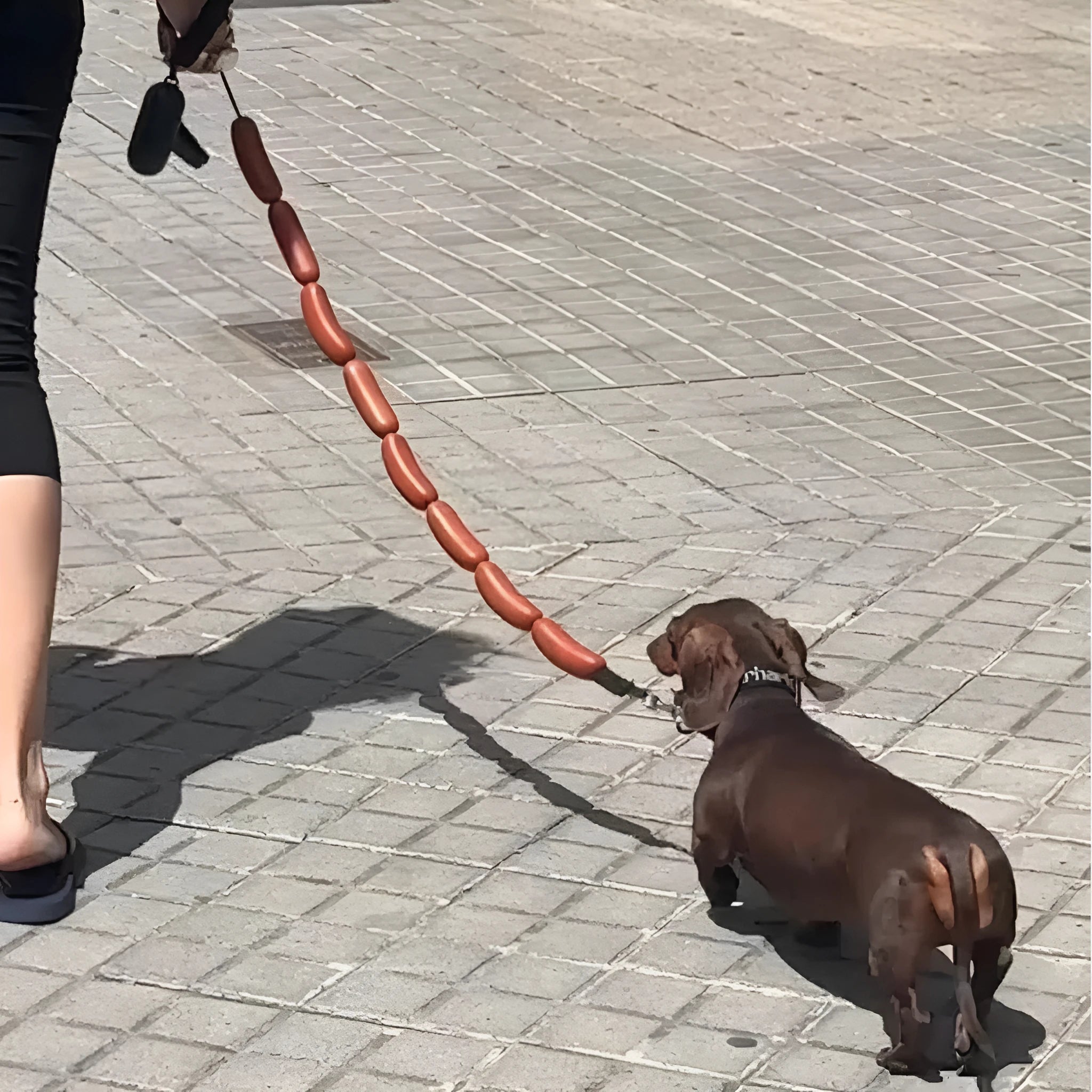 Brown sausage chew toy sewn into a 108cm soft rope dog lead with a grip tape section.
