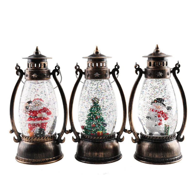 Portable crystal ball oil lamp Christmas decoration on a desktop, showing snowman and elderly figure options.