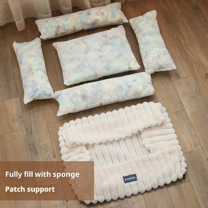 Large removable square pet bed for dogs, white striped, soft cloth, size L
