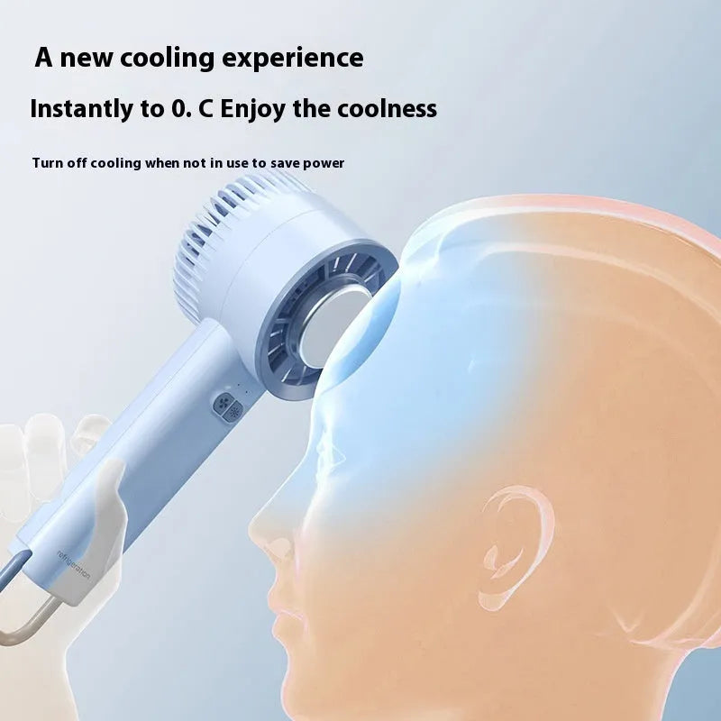 White handheld portable fan with turbo jet airflow and ice-cooling function