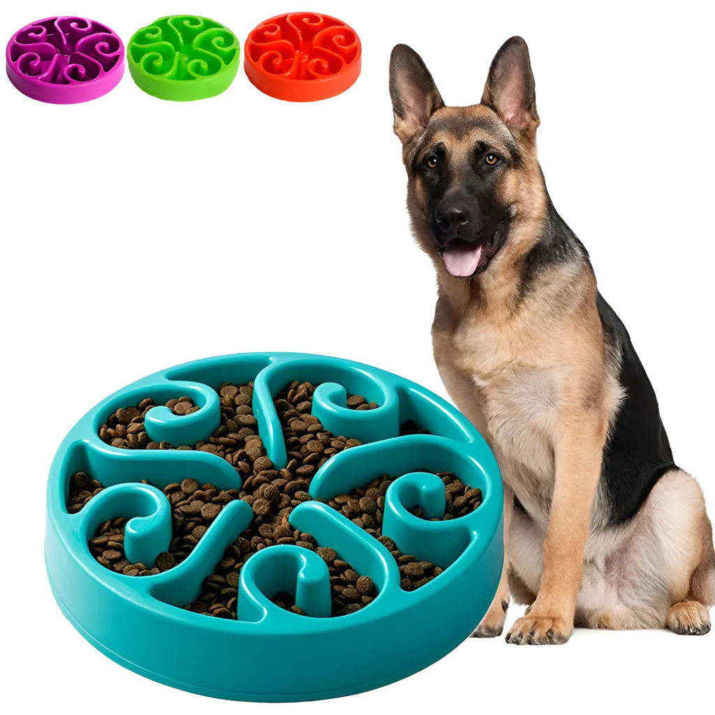 A coloured slow feeder dog bowl with a maze pattern and non-slip base, suitable for large, medium, and small dogs.