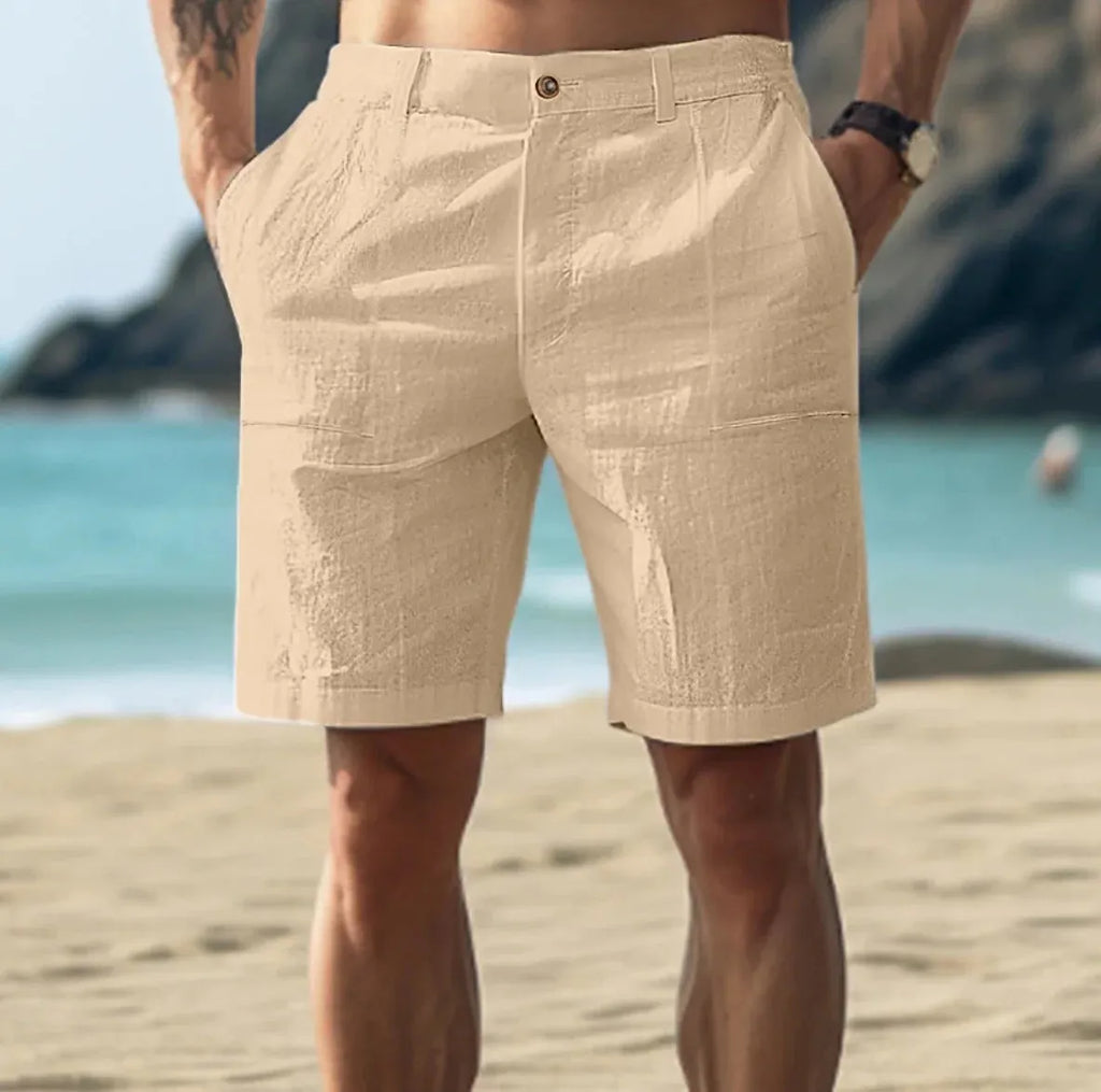 Men's casual mid-length trousers in cotton and linen blend, showing button cardigan leg opening