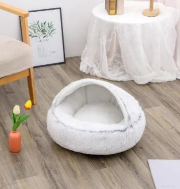 2 in 1 round plush pet bed with PP cotton filling for dogs and cats, available in brown, 65cm size