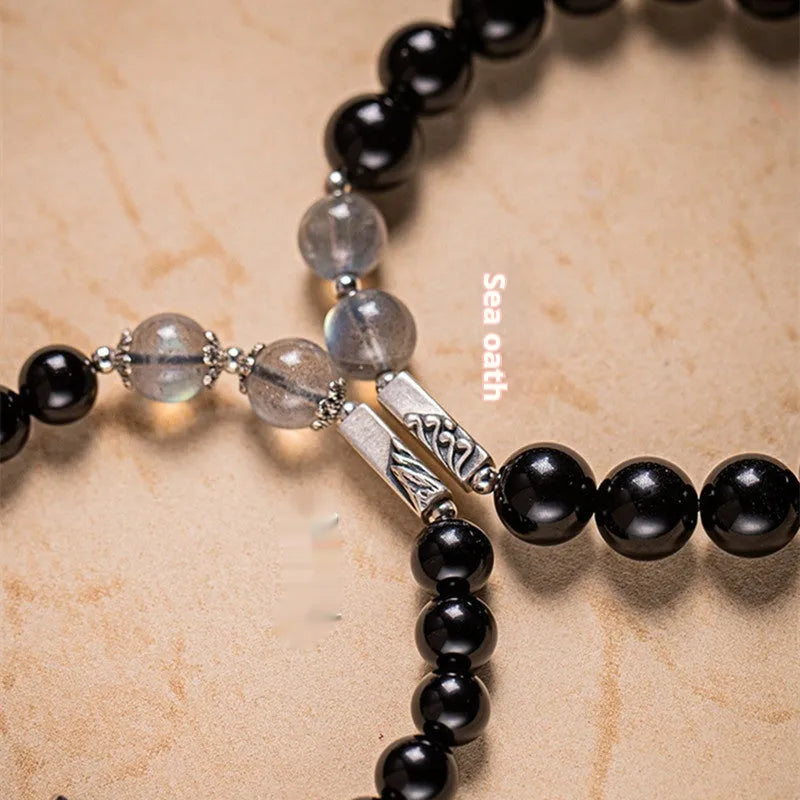 Black obsidian Buddha beads couple bracelet DIY set showing 8mm and 10mm bead sizing