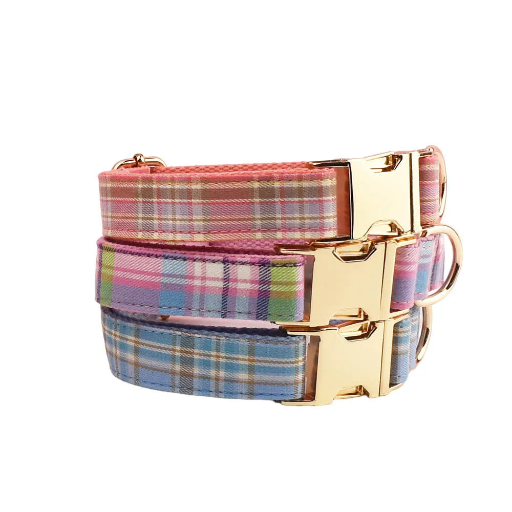 Plaid cloth dog collar traction rope set with vest and bow accessories in multiple colour options