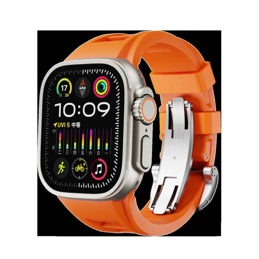 Apple Watch liquid silicone strap replacement with silver buckle in black colour for 42mm 44mm 45mm 49mm