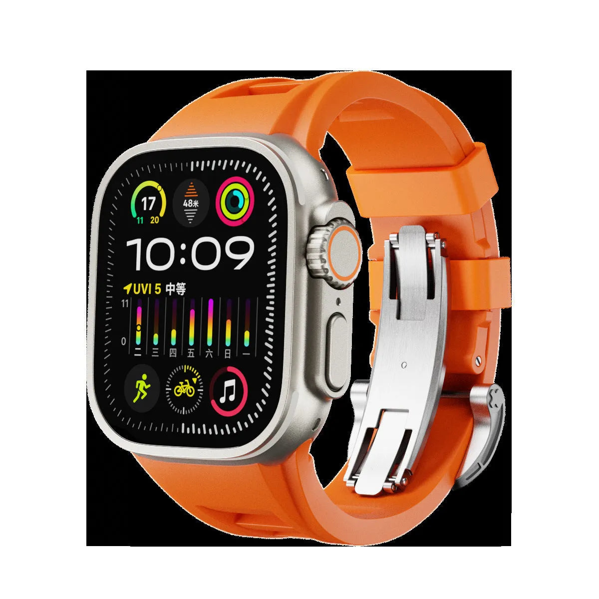 Apple Watch liquid silicone strap replacement with silver buckle in black colour for 42mm 44mm 45mm 49mm