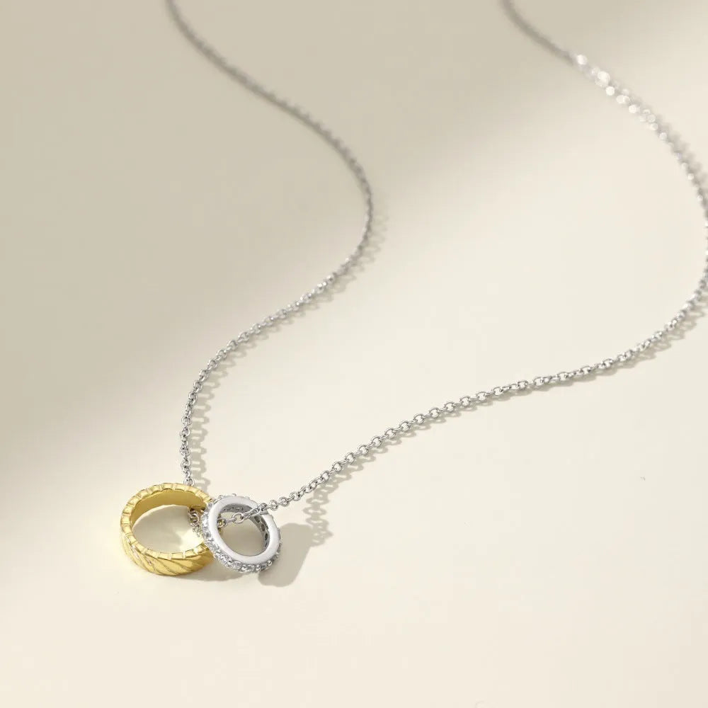 925 silver casual double ring colour matching two-tone necklace for women with round pendant