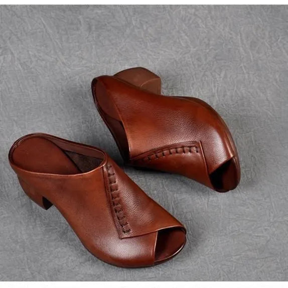 Women's black square heel peep-toe slipper sandals with a fish-mouth opening and rubber sole.