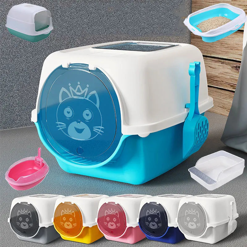 Oversized splash-proof cat litter box in PP with sand trap and included cat litter shovel, multiple colours