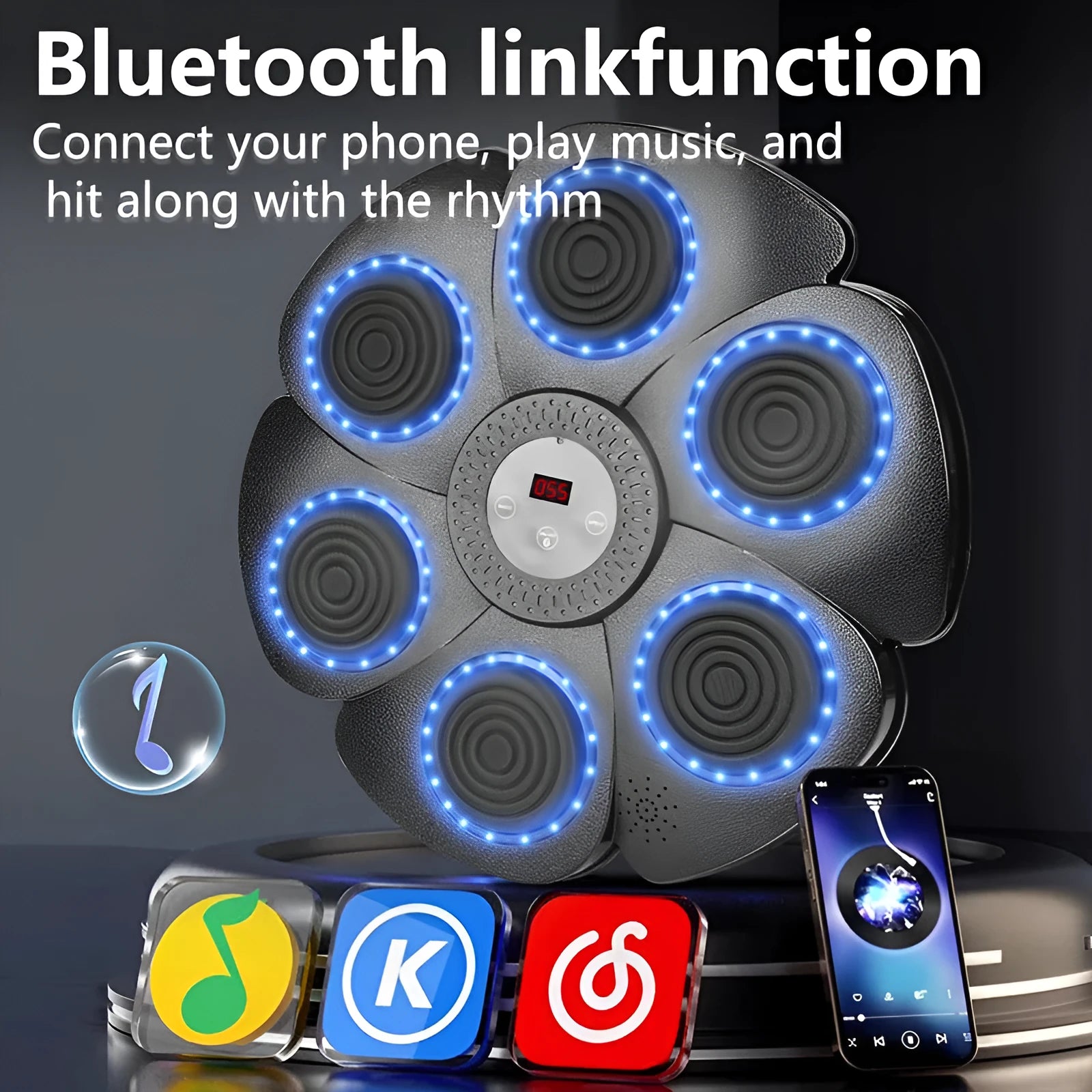 Black smart boxing wall target with LED lights, Bluetooth, and included half-finger gloves