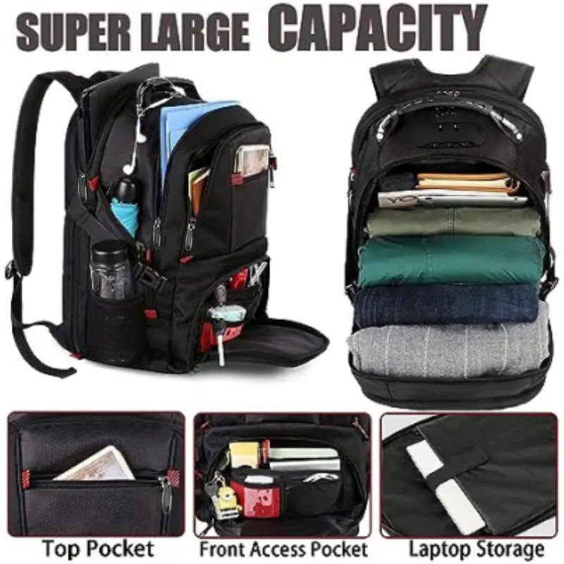 Large unisex USB backpack in black, red, or sky blue, made from waterproof Oxford cloth.