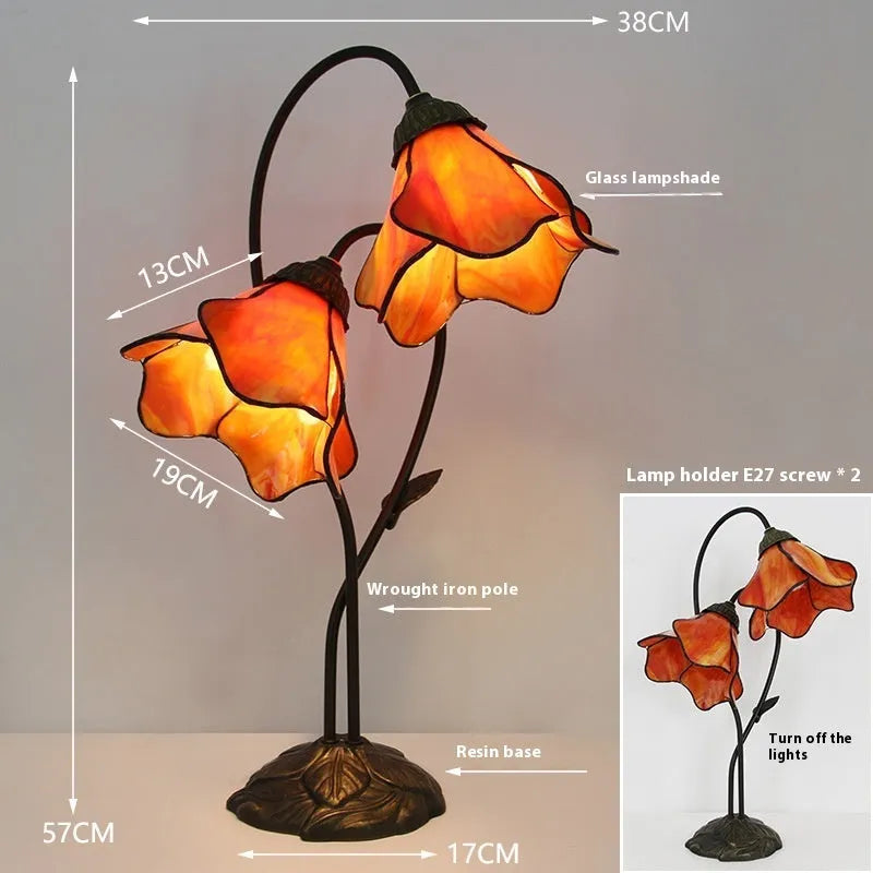 American classical desk lamp with lotus design in glass construction, available in single and double-head configurations