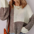 Dark khaki colour block women's loose knit sweater with a back tie and drop shoulders.